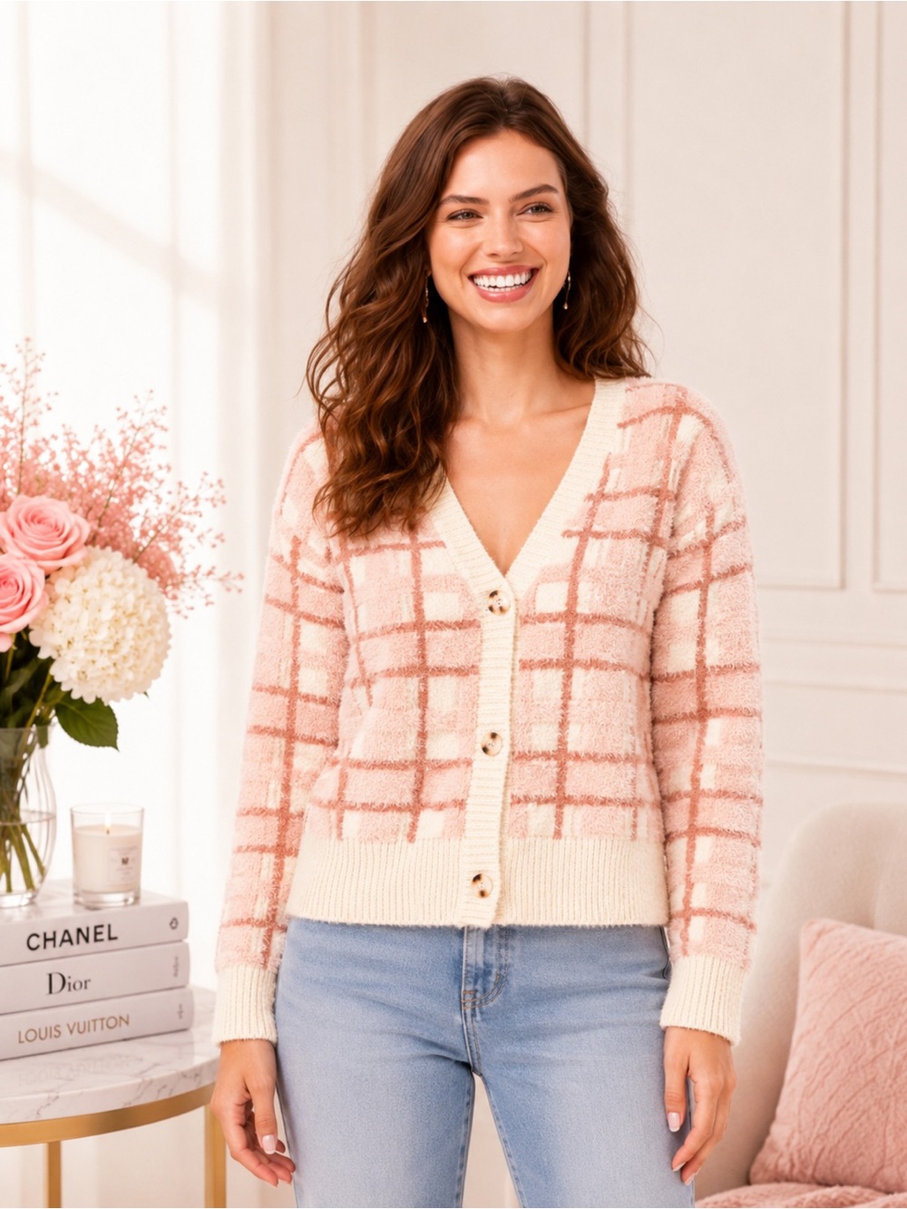LC Lauren Conrad Pink Plaid Fuzzy Cardigan NWT XL Cozy Cottagecore